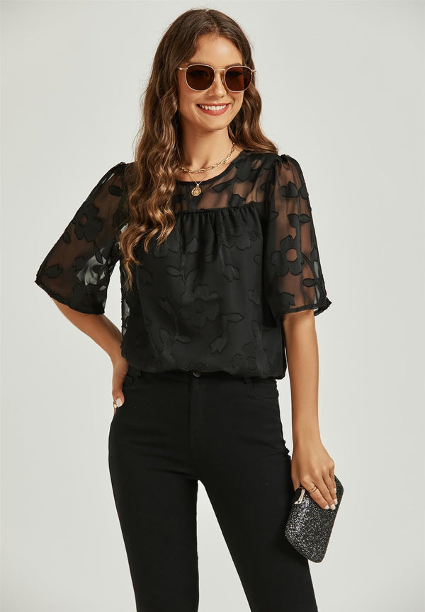 Short Sleeve Flocked Tulle Lace Top In Black