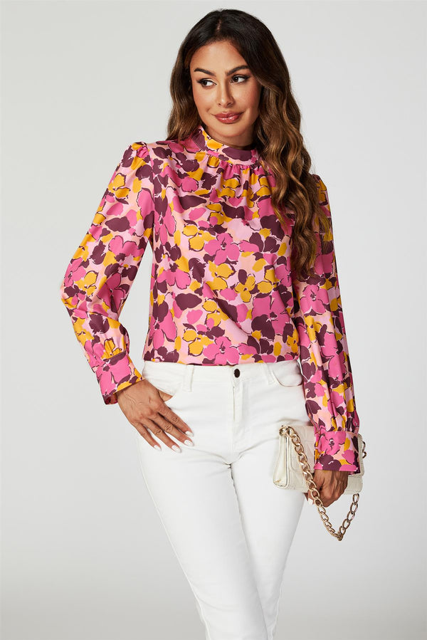 Top met lange mouwen en hoge hals en bloemenprint in roze
