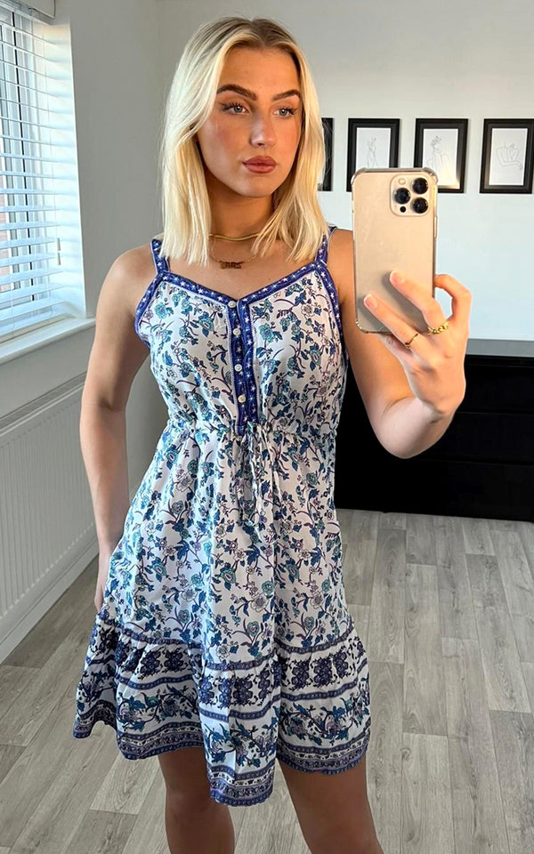 Summer Mini Dress With Frill Detail In White & Blue Star Floral Print