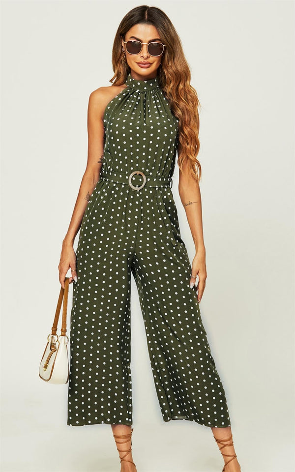 Jumpsuit met hoge hals en olijfgroene stippen