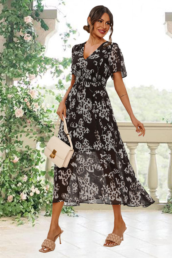 Maxikleid Mit Engelsärmeln Und Leopardenmuster In Schwarz