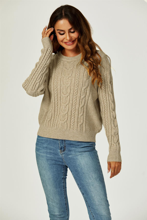 Zopfmusterpullover mit Rundhalsausschnitt in Taupe