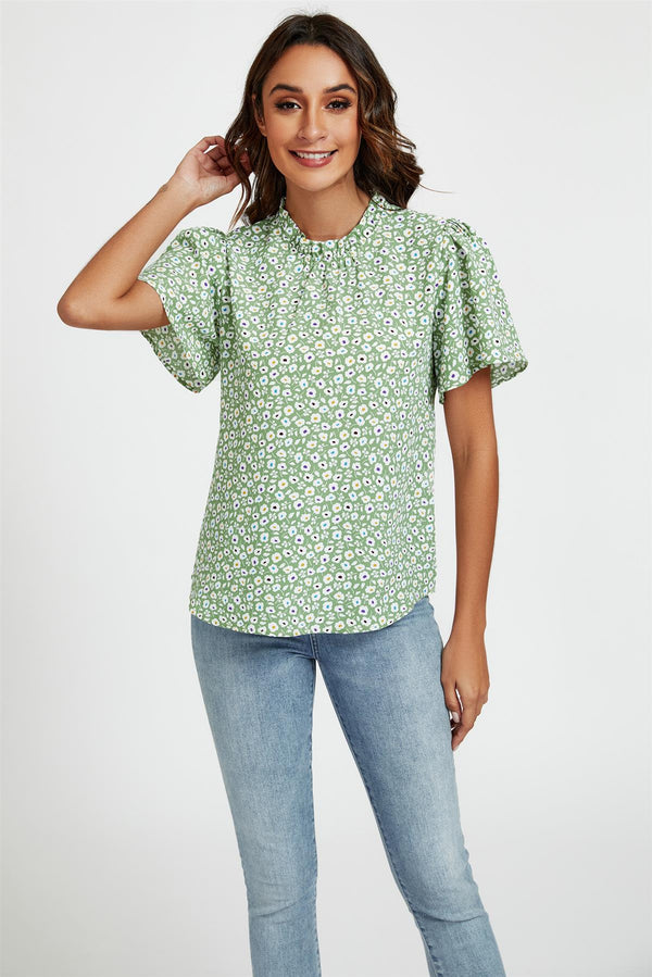 Top/blouse met hoge hals en kleine bloemenprint in groen