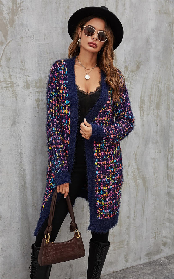 Pink Mix – Mehrfarbig gesprenkelter Bouclé-Cardigan mit Karomuster in Marineblau