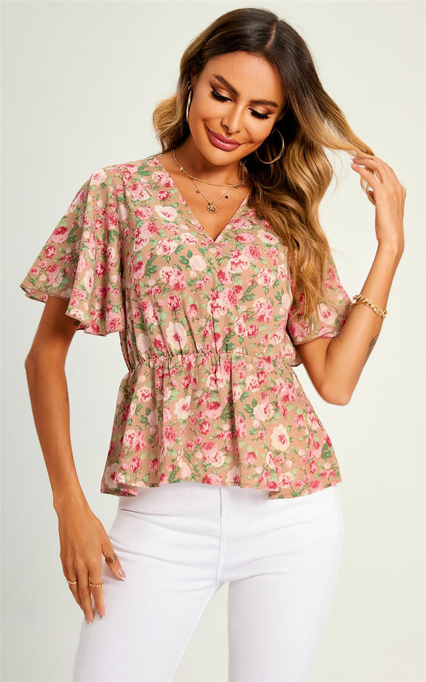 Angel Sleeve V Neck Top/Blouse In Beige Pink flora Print