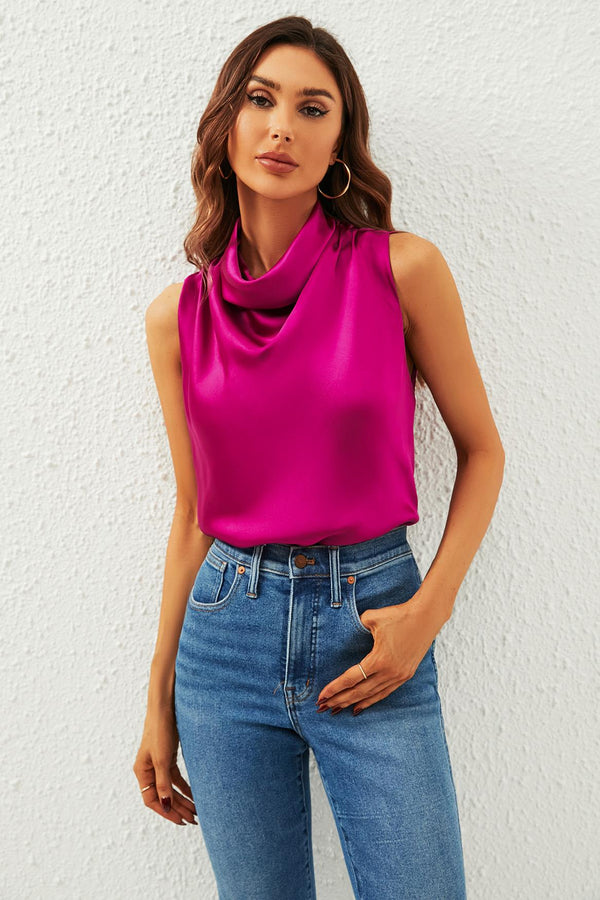 Ärmellose Bluse mit hohem Kragen in Fuchsia