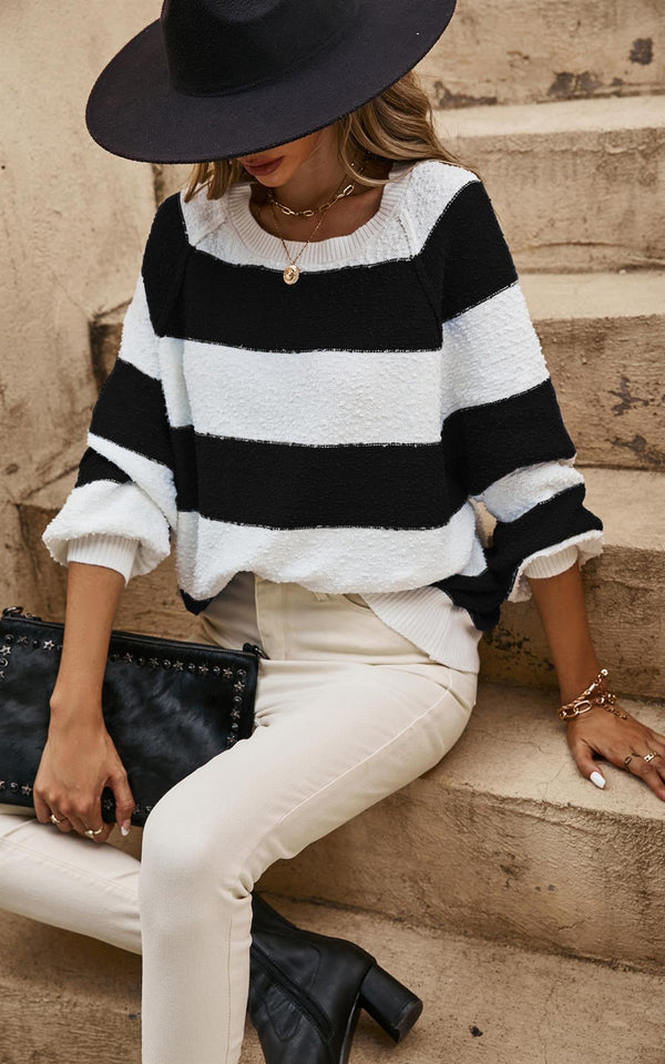 Blue Stripe Relaxed Knit Jumper Top In White