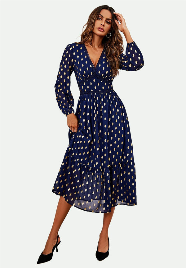Langärmliges Maxikleid mit Spitzenbesatz in Marineblau