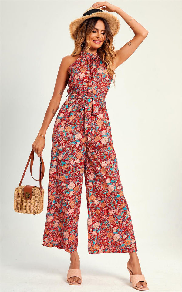 Jumpsuit met hoge hals en bloemenprint in rood