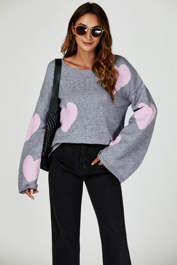 Oversize-Pullover mit weiten Ärmeln und Herzmuster in Hellgrau