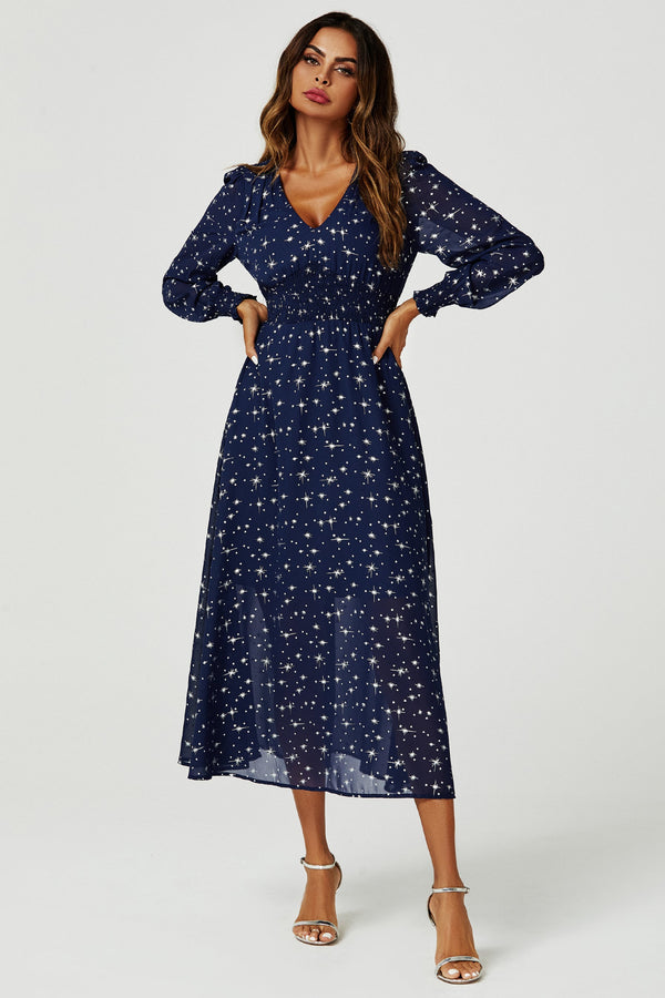 Zilveren Ster Folie Lange Mouw Maxi-jurk in Marineblauw