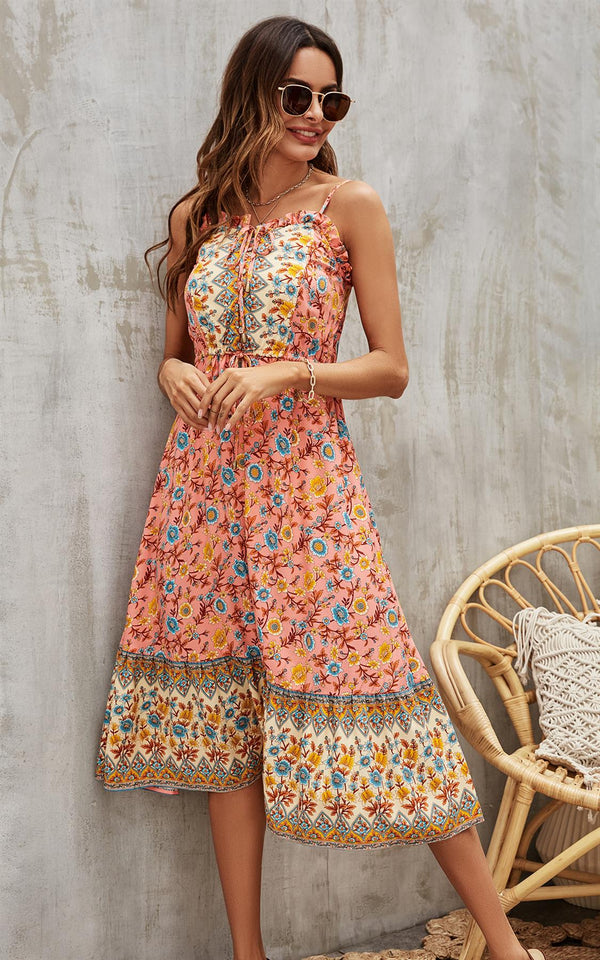 Blue & Yellow Floral Button Front Strappy Midi Dress In Red