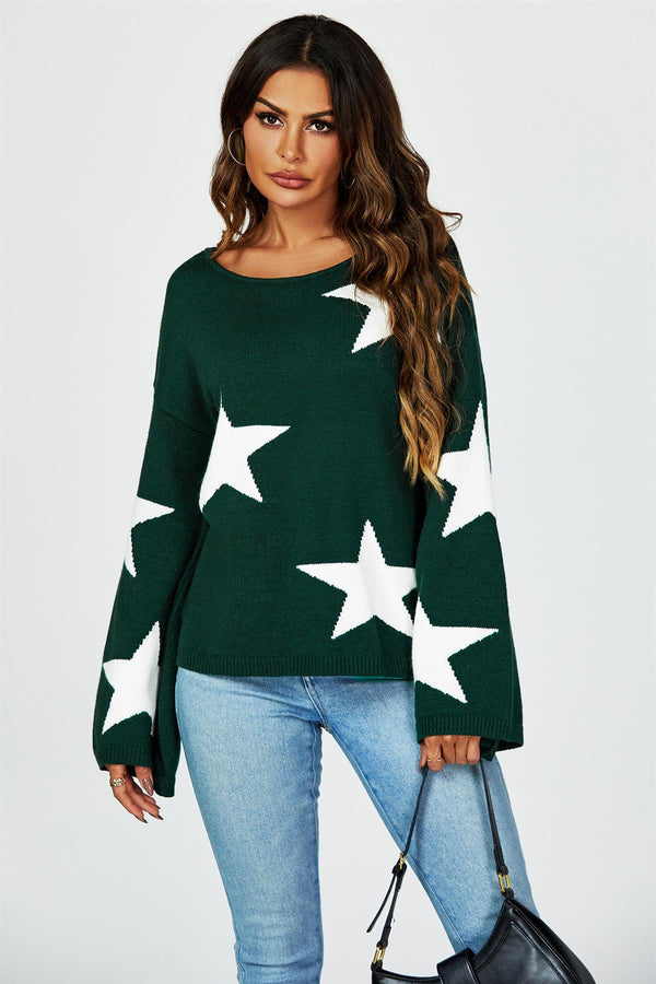Dunkelgrüner Oversize-Pullover mit weiten Ärmeln und weißem Stern