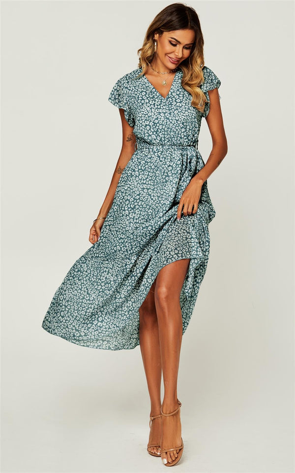 Ruffled Angel Sleeve Wrap Dress In Dark Green Leopard Print