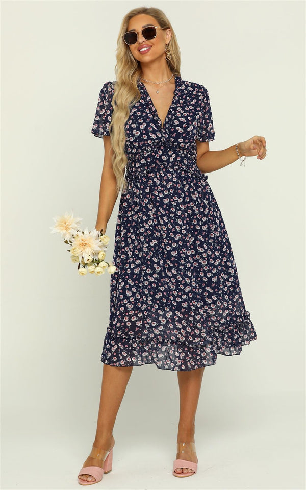 Angel Sleeve Frill Detail Chiffon V Neck Midi Dress In Navy Floral Print