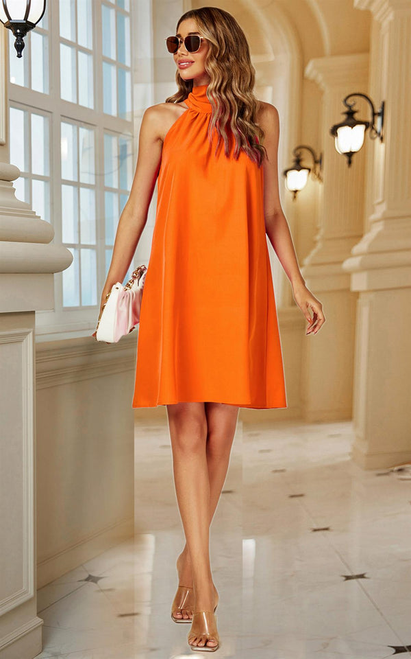 Neckholder-Minikleid mit Bindeband hinten in Orange
