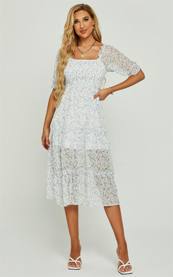 Blue Flora Print Bardot Puff Sleeve Elasticated Detail Midi Dress In White