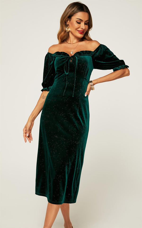 Velvet Heart Neck Puff Sleeve Midi Dress In Forest Green