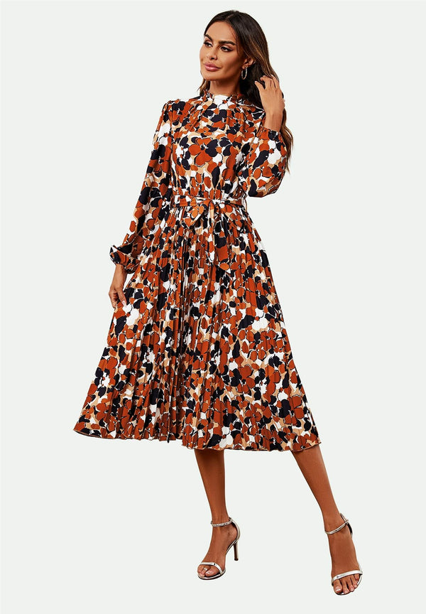 Hochgeschlossenes, langärmliges Midikleid in Rostrot 
