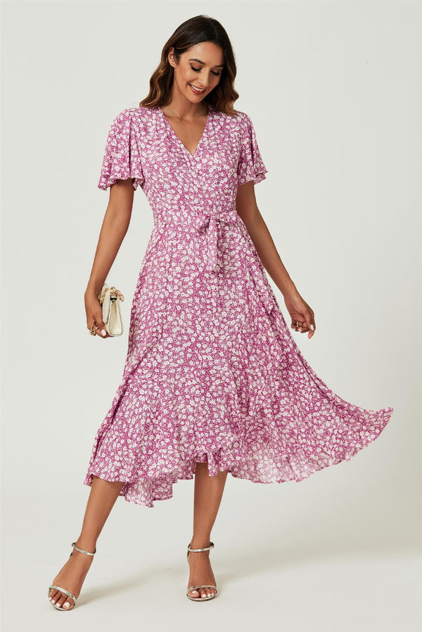Midi-wikkeljurk met bloemenprint in roze