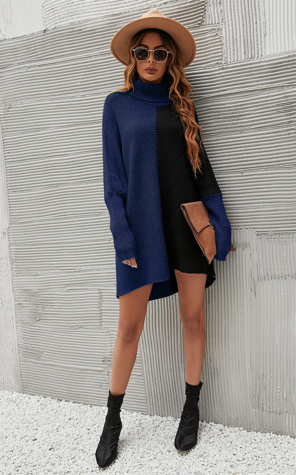 Trui met hoge hals, halfblauw en zwart blokkleur